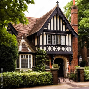 A large house with a brick exterior and a white trim. The house has a large front door and a large window. The house is surrounded by a brick wall and a metal fence