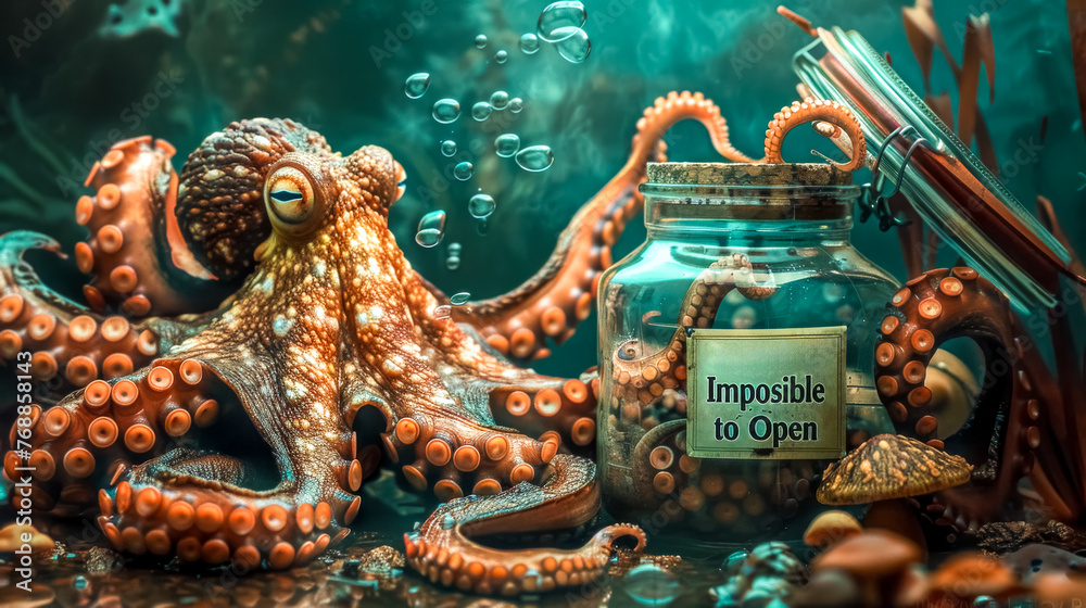 Mysterious octopus engaged in an underwater escape room challenge
