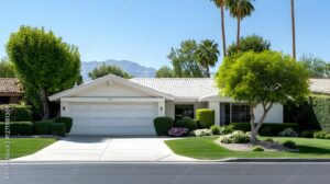 White Ranch Style House with Green Lawn and Mountain View