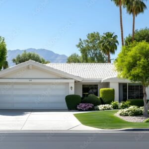 White Ranch Style House with Green Lawn and Mountain View