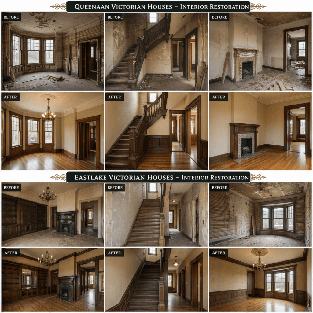 Full interior restoration of historic home including floors trim stairs and molding