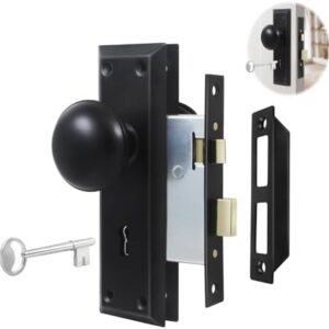 Lubentol 1 Pack Mortise Keyed Lock Set with Classic Bronze Knob – Perfect for Replacing Broken Antique Lock Sets and More, Fits 1-3/8 in.-1-3/4 in. Interior Doors Replacement Hardware (Matte Black) -