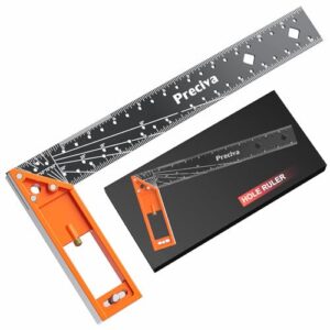 12” Woodworking Square Ruler - Preciva Right Angle Ruler Carpenter Square Layout Tool, Features Stainless Steel Blade, Retractable Ledge, 1/16” and 1/32” Notch Spacing and Multi-Angle Scribe Mark -