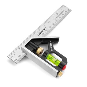 Arrow Combination Square, 6-Inch Combo Square with Stainless Steel Ruler, Zinc Alloy Body and Bubble Level for Carpenters and Craftsmen -