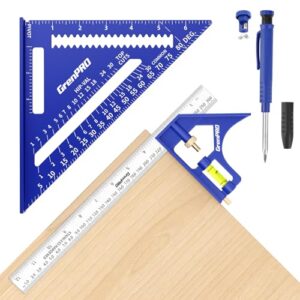GRENPRO Square Combination Woodworking Tools, 7inch Carpenter Square Wood Working Tools and Accessories, 12inch Square Ruler, Includes 2-in-1 Carpentry Pencil, Protractor Angle Ruler Carpentry Tool -