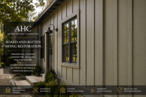 Historic board-and-batten siding restoration by Artisan Historic Contracting featuring traditional vertical wood siding repair on a period American home.